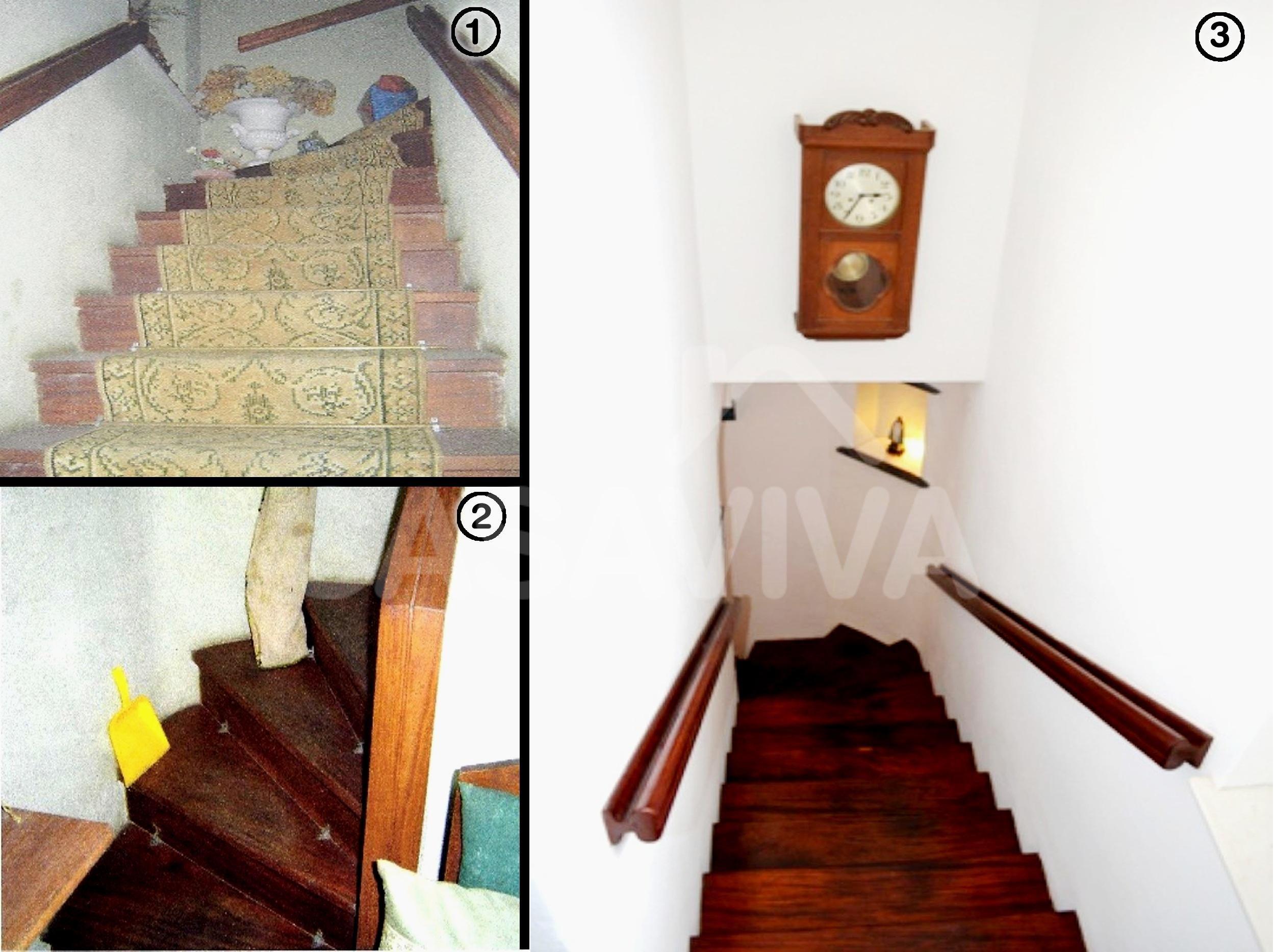 Pulio y barnizado de escalera en amdera. Recuperacin del pasamanos en madera. Pintura de paredes y techo.